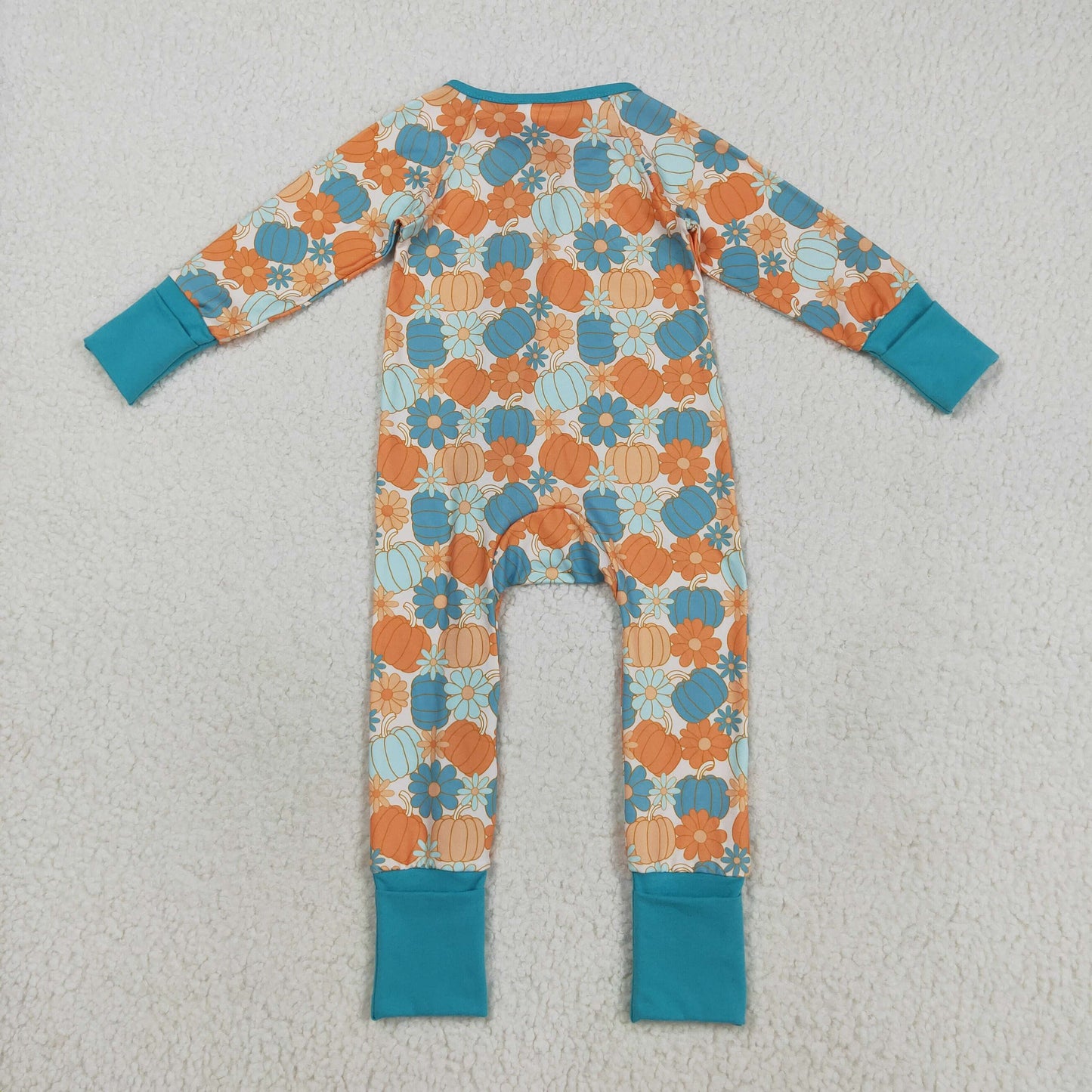 LR2461  Pumpkin Flowers Print Baby Girls Fall Zipper Sleeper Romper