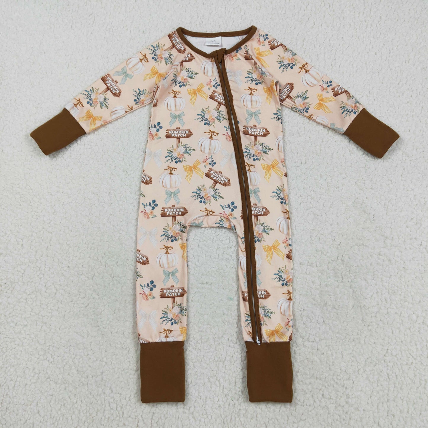 LR2462  Pumpkin PATCH Flowers Print Baby Girls Fall Zipper Sleeper Romper