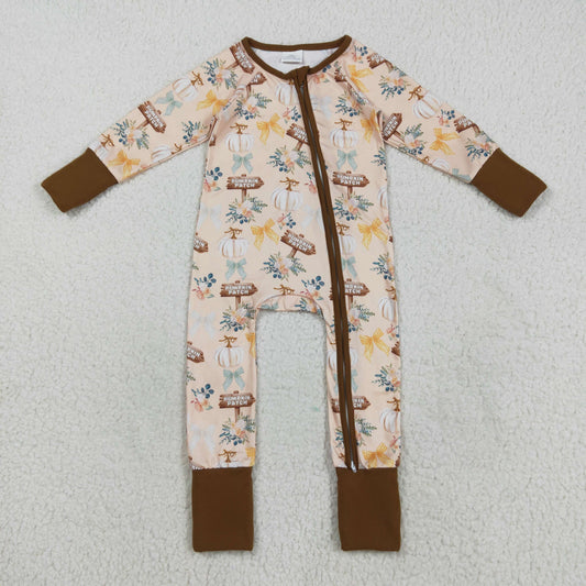 LR2462  Pumpkin PATCH Flowers Print Baby Girls Fall Zipper Sleeper Romper