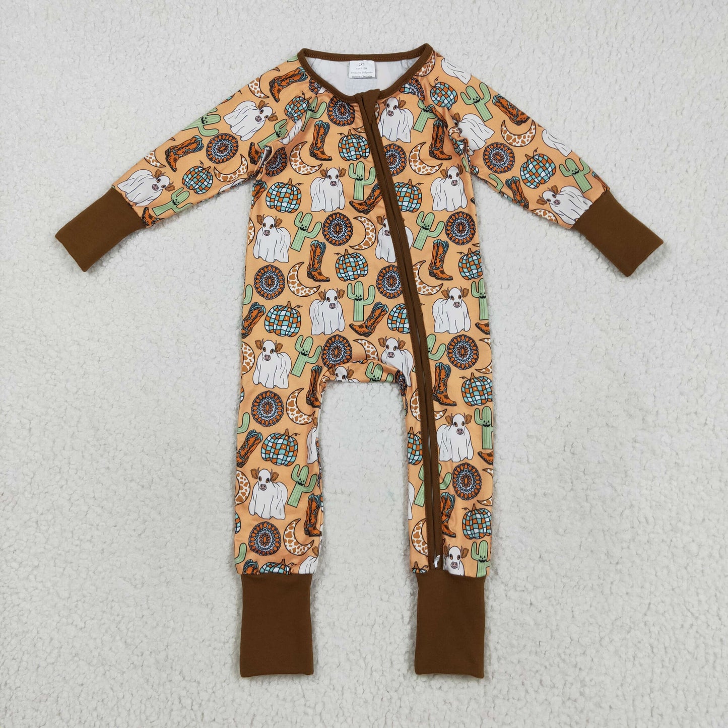 LR2463  Pumpkin Western Print Baby Halloween Zipper Sleeper Romper