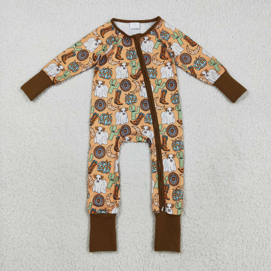LR2463  Pumpkin Western Print Baby Halloween Zipper Sleeper Romper