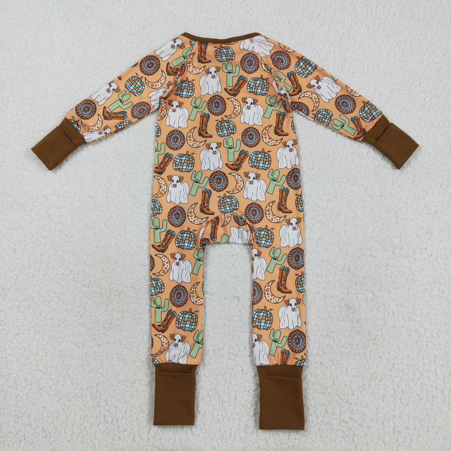 LR2463  Pumpkin Western Print Baby Halloween Zipper Sleeper Romper