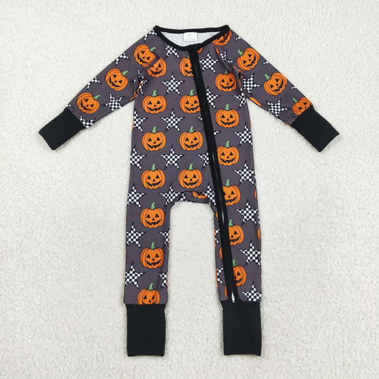 LR2464  Pumpkin Stars Print Baby Boys Halloween Zipper Sleeper Romper