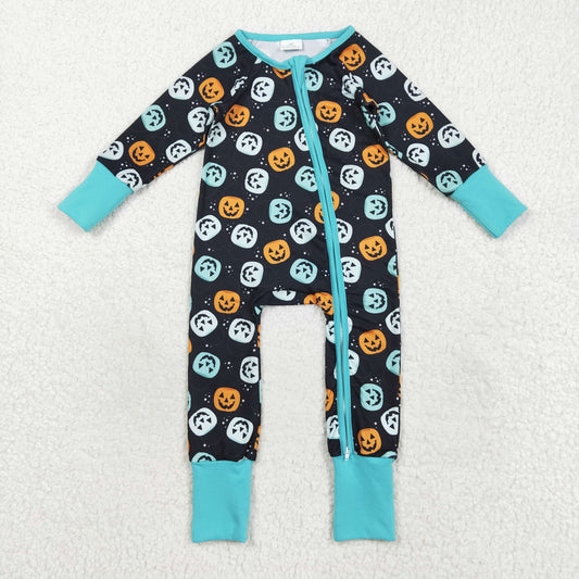 LR2465  Pumpkins Print Baby Boys Halloween Zipper Sleeper Romper