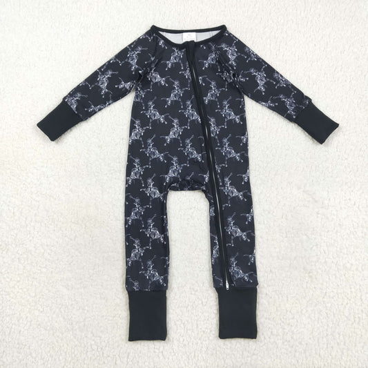 LR2466  Skeleton Cowboy Print Baby Boys Halloween Zipper Sleeper Romper