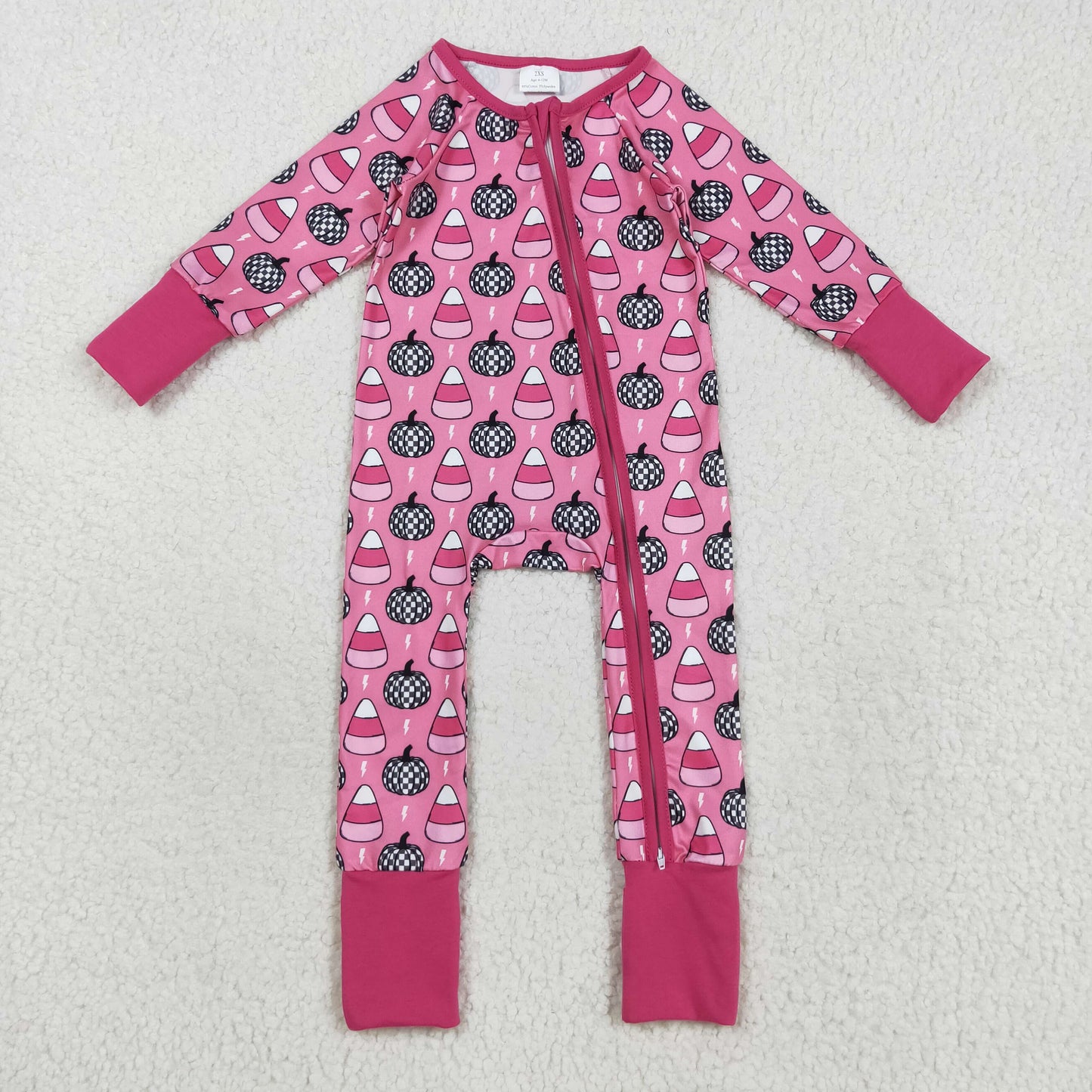 LR2467  Pumpkin Candy Pink Print Baby Girls Halloween Zipper Sleeper Romper