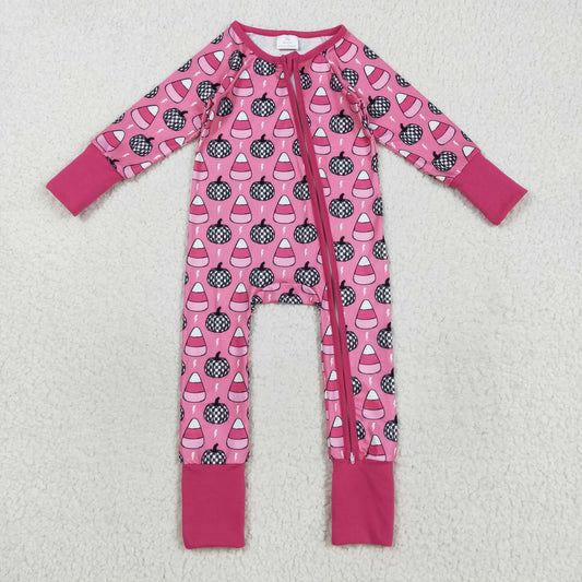 LR2467  Pumpkin Candy Pink Print Baby Girls Halloween Zipper Sleeper Romper