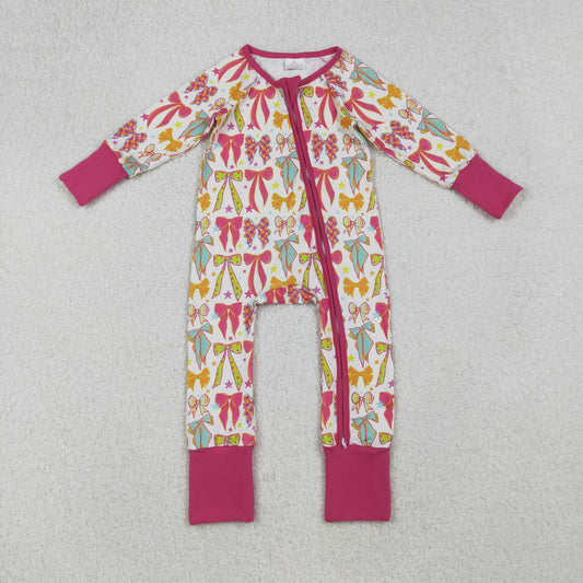 LR2468 Colorful Bows Print Baby Girls Fall Zipper Sleeper Romper