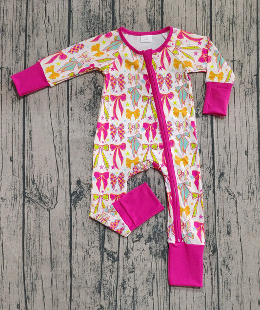 (Custom Design Preorder MOQ 20) Colorful Bows Print Baby Girls Fall Long Sleeve Bamboo Sleeper Zipper Romper