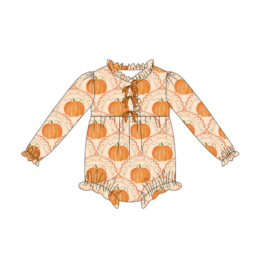 (Pre-order)LR2469 Pumpkin Print Baby Girls Fall Romper