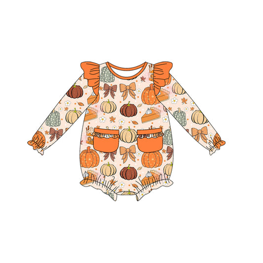 (Pre-order)LR2470 Pumpkin Bows Print Baby Girls Fall Romper