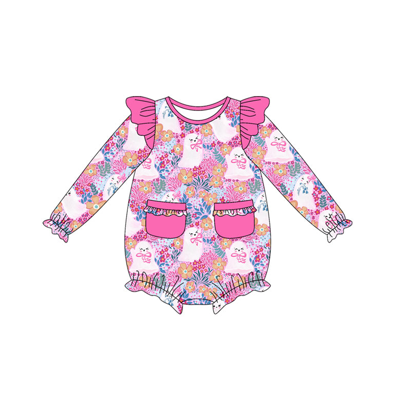 (Pre-order)LR2471 Spooky Flowers Bows Print Baby Girls Halloween Romper