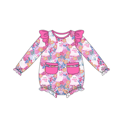 (Pre-order)LR2471 Spooky Flowers Bows Print Baby Girls Halloween Romper