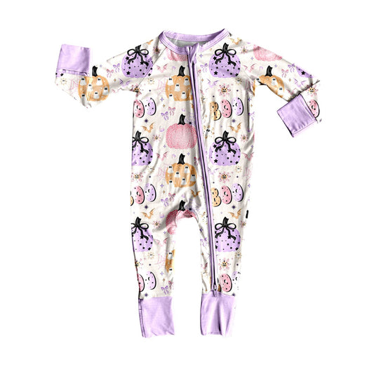(Pre-order)LR2474 BOO Spooky Pumpkin Print Baby Girls Halloween Zipper Sleeper Romper