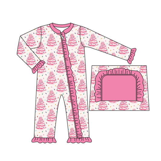 (Pre-order)LR2475 Pink Tree Print Baby Girls Christmas Zipper Sleeper Romper