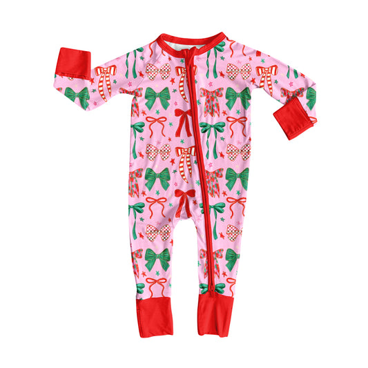 (Pre-order)LR2476 Bows Print Baby Girls Christmas Zipper Sleeper Romper