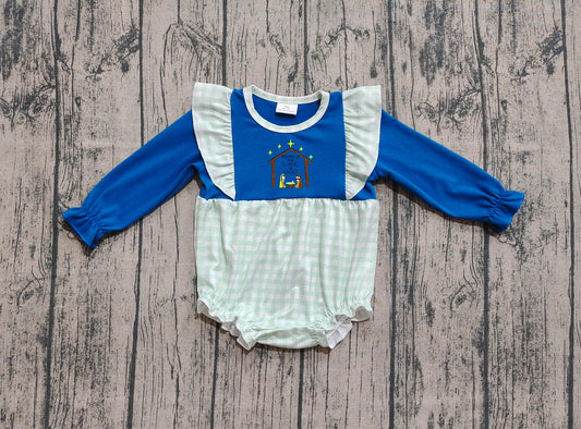 (Pre-order)LR2477 Nativity Plaid Print Baby Girls Christmas Romper