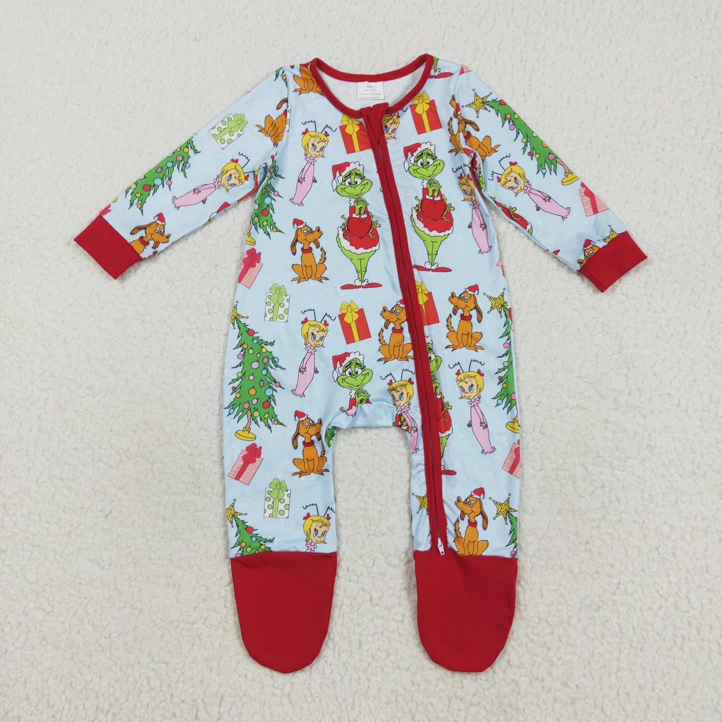 LR2478 Green Frog Print Baby Christmas Zipper Sleeper Romper