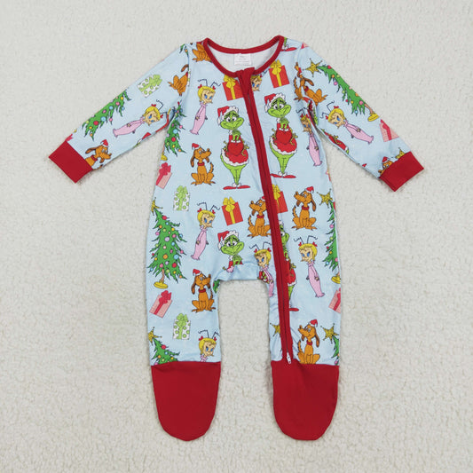 LR2478 Green Frog Print Baby Christmas Zipper Sleeper Romper