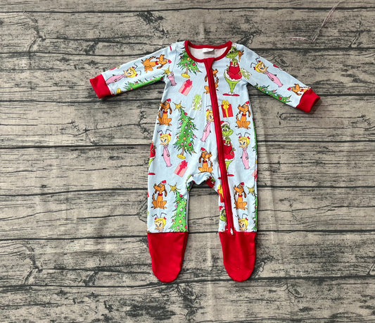 (Custom Design Preorder MOQ 20) Green Frog Blue Print Baby Boys Christmas Long Sleeve Bamboo Sleeper Zipper Romper