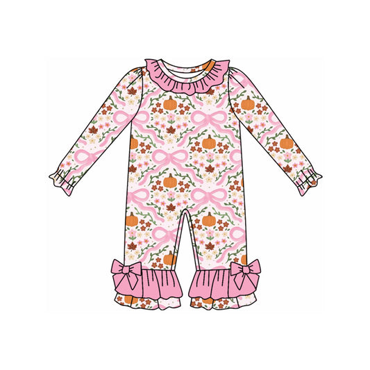 (Pre-order)LR2479 Pumpkin Flowers Bows Print Baby Girls Fall Romper
