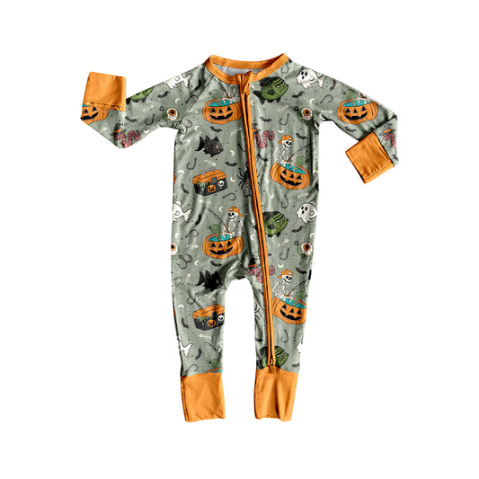 (Pre-order)LR2480 Fishing Pumpkin Print Baby Boys Halloween Zipper Sleeper Romper