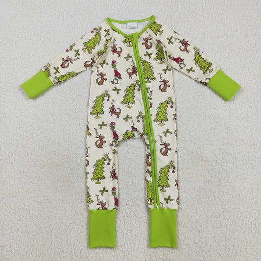 LR2481 Green Frog Print Baby Christmas Zipper Sleeper Romper