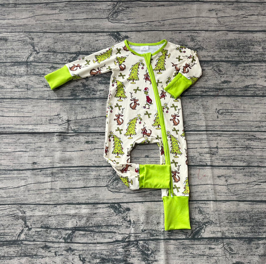 (Custom Design Preorder MOQ 20) Green Frog Tree Print Baby Christmas Long Sleeve Bamboo Sleeper Zipper Romper