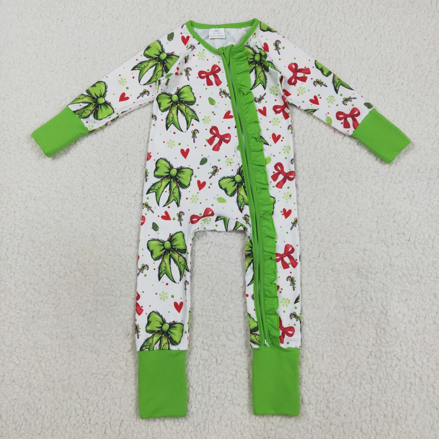 LR2482 Green Bows Candy Print Baby Girls Christmas Zipper Sleeper Romper