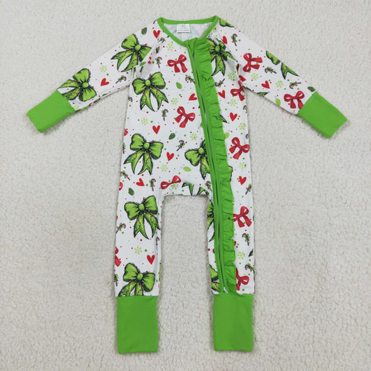 LR2482 Green Bows Candy Print Baby Girls Christmas Zipper Sleeper Romper