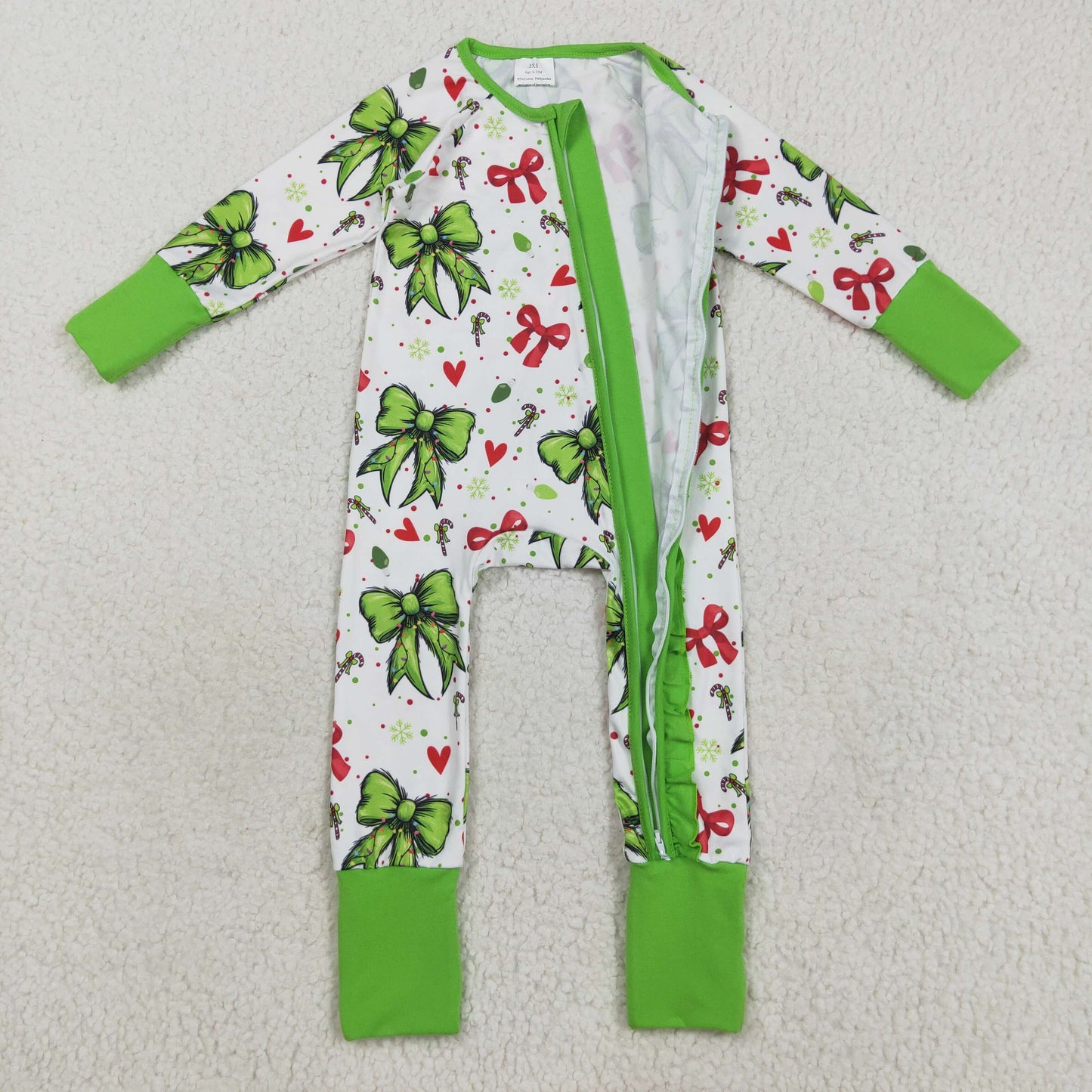 LR2482 Green Bows Candy Print Baby Girls Christmas Zipper Sleeper Romper