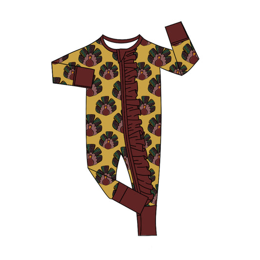 (Pre-order)LR2484 Turkey Print Baby Girls Thanksgiving Zipper Sleeper Romper