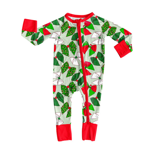 (Pre-order)LR2485 Green Frog Bows Print Baby Girls Christmas Zipper Sleeper Romper