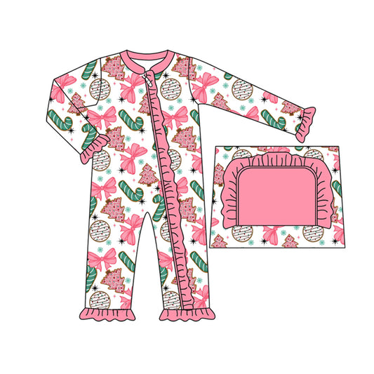 (Pre-order)LR2486  Candy Cake Bows Print Baby Girls Christmas Zipper Sleeper Romper