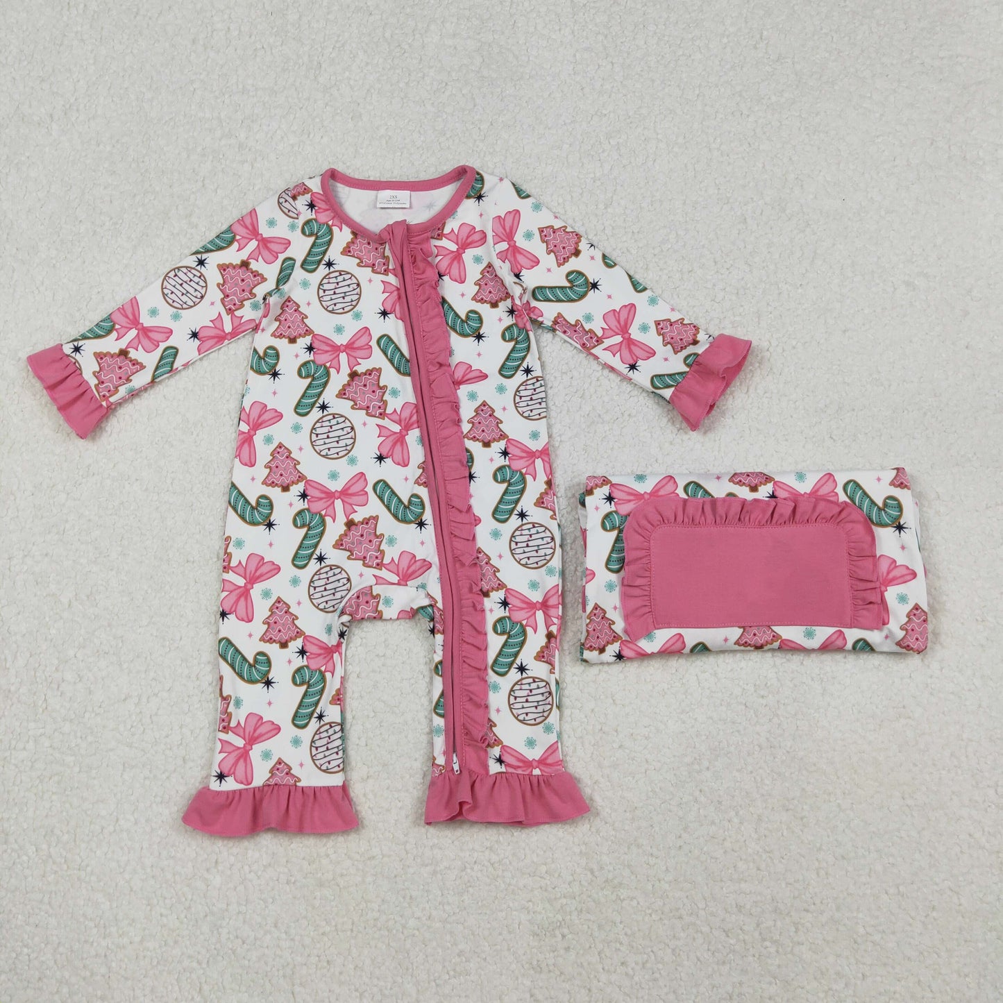 LR2486  Candy Cake Bows Print Baby Girls Christmas Zipper Sleeper Romper