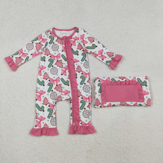LR2486  Candy Cake Bows Print Baby Girls Christmas Zipper Sleeper Romper