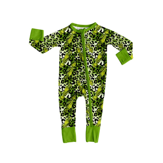 (Pre-order)LR2488 Green Frog Leopard Print Baby Girls Christmas Zipper Sleeper Romper