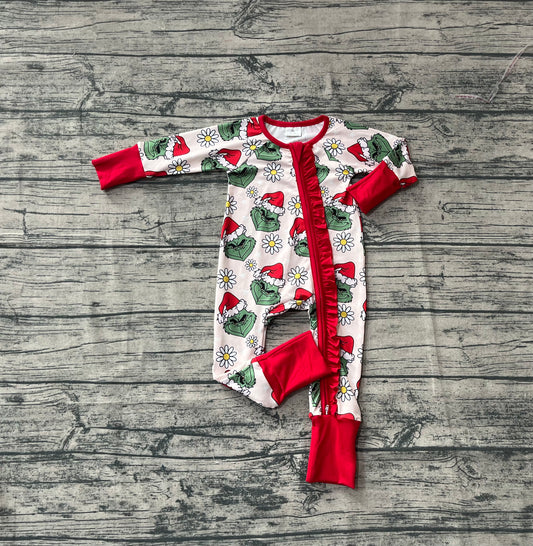 (Custom Design Preorder MOQ 20) Green Frog Flowers Print Baby Girls Christmas Long Sleeve Bamboo Sleeper Zipper Romper