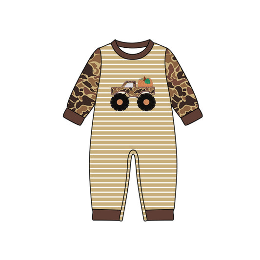 (Pre-order)LR2491 Trucks Pumpkin Brown Camo Print Baby Boys Fall Romper