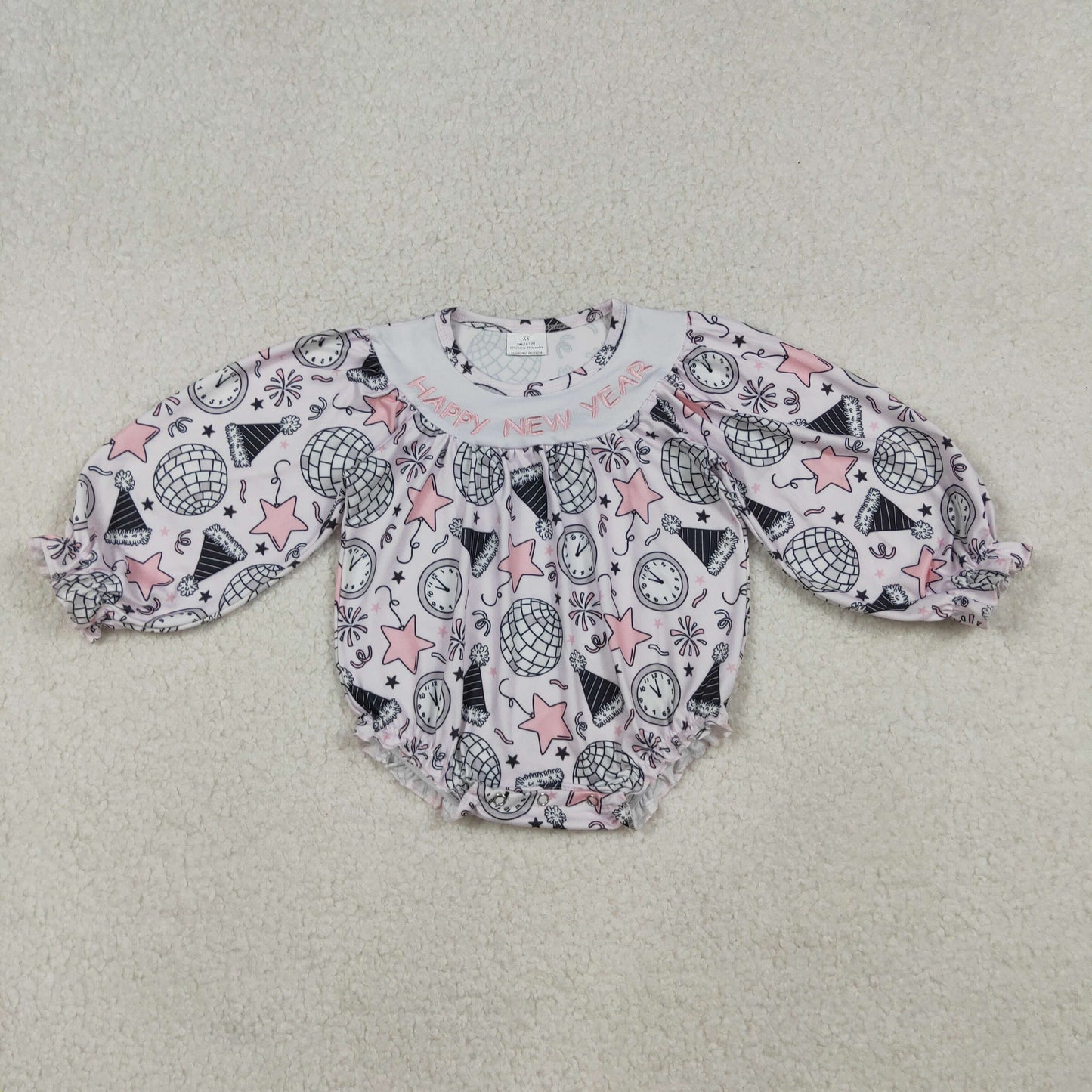 LR2493 Happy New Year Embroidery Pink Stars Print Baby Girls Bubble Romper