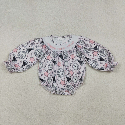 LR2493 Happy New Year Embroidery Pink Stars Print Baby Girls Bubble Romper