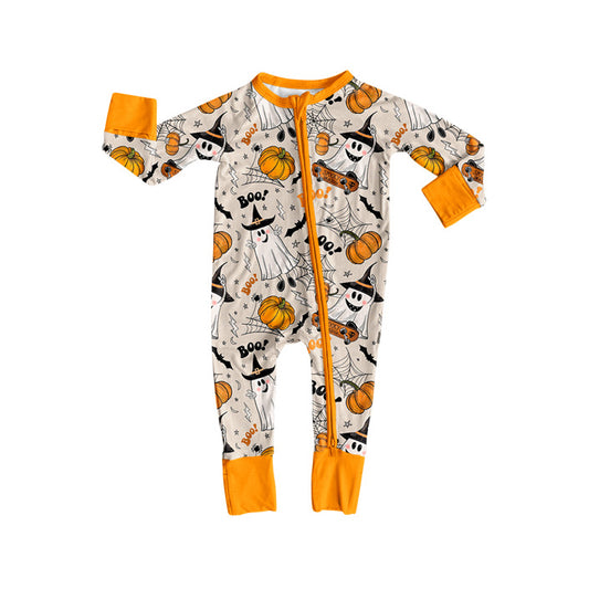 (Pre-order)LR2494 BOO Bat Spooky Pumpkin Print Baby Boys Halloween Zipper Sleeper Romper