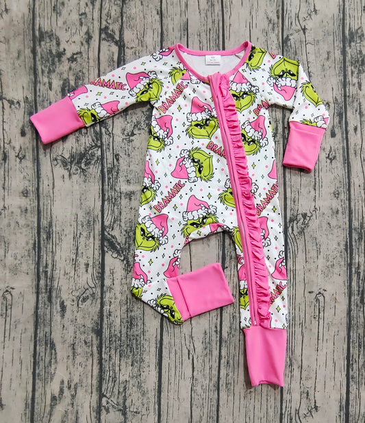 (Custom Design Preorder MOQ 20) Green Frog Pink Print Baby Girls Christmas Long Sleeve Bamboo Sleeper Zipper Romper