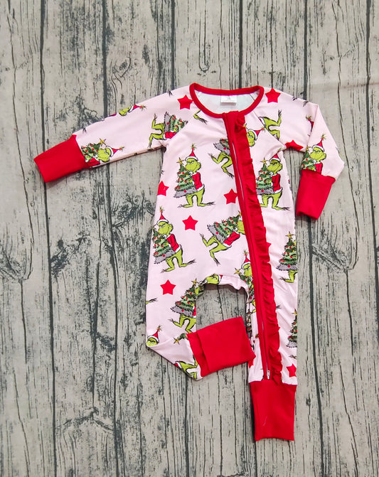 (Custom Design Preorder MOQ 20) Green Frog Pink Print Baby Girls Christmas Long Sleeve Bamboo Sleeper Zipper Romper