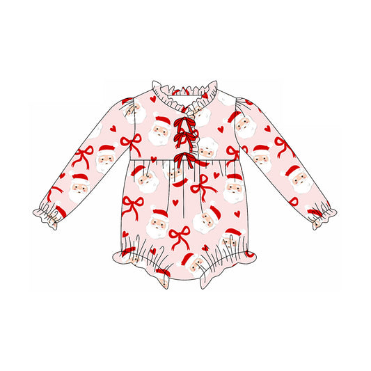 (Pre-order)LR2497 Santa Bows Print Baby Girls Christmas Romper
