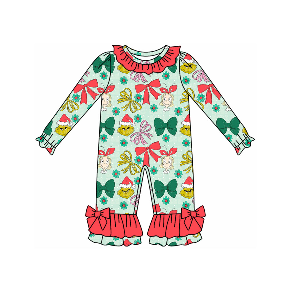 (Pre-order)LR2501 Green Frog Bows Flowers Print Baby Girls Christmas Romper