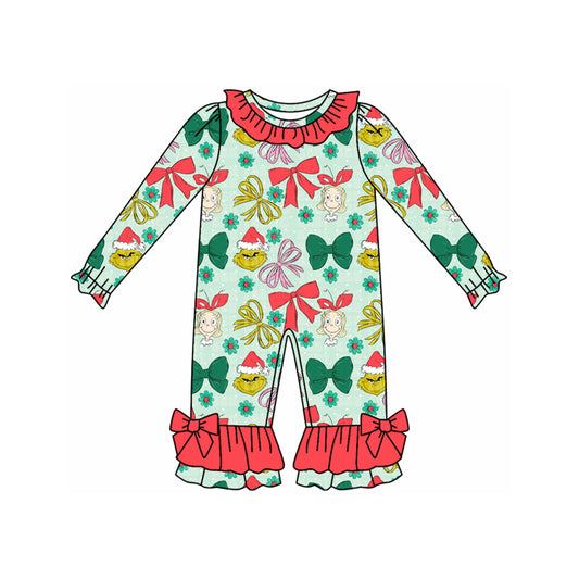 (Pre-order)LR2501 Green Frog Bows Flowers Print Baby Girls Christmas Romper