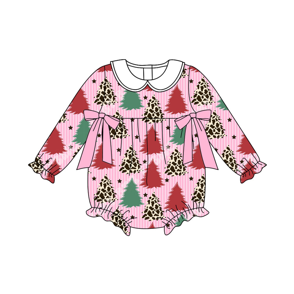 (Pre-order)LR2502 Leopard Tree Stripes Print Baby Girls Christmas Romper