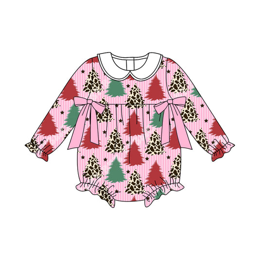 (Pre-order)LR2502 Leopard Tree Stripes Print Baby Girls Christmas Romper