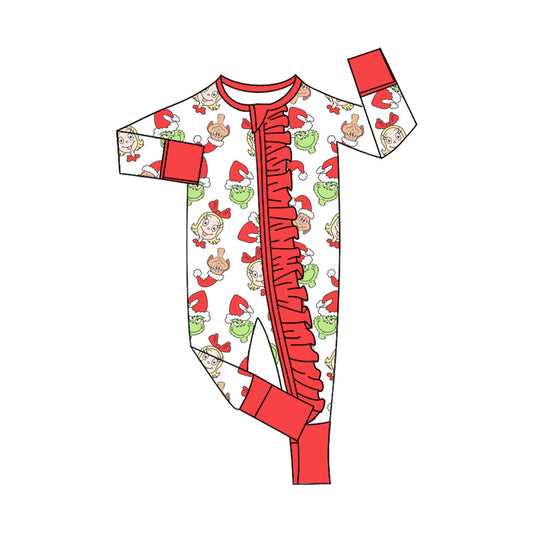 (Pre-order)LR2503  Green Frog Print Baby Girls Christmas Zipper Sleeper Romper